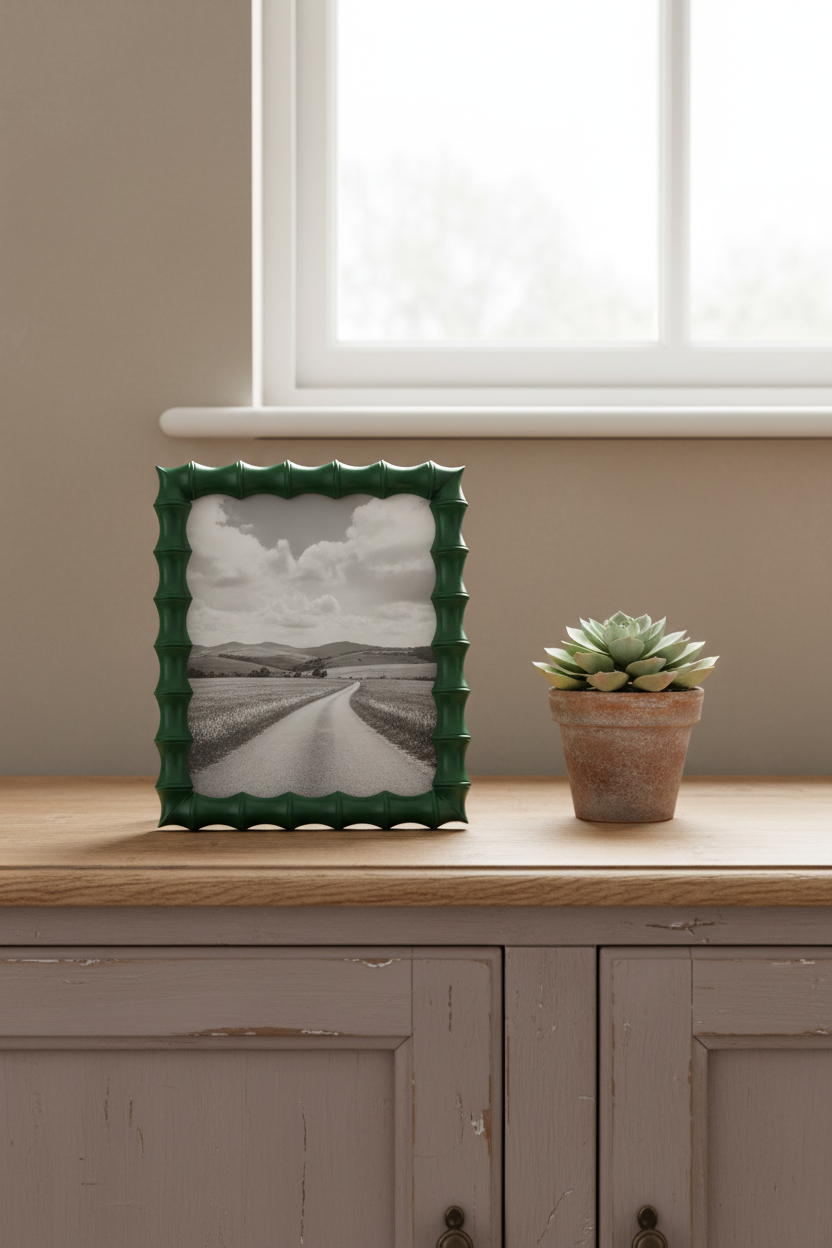 Green-framed picture on a wooden surface with a potted plant