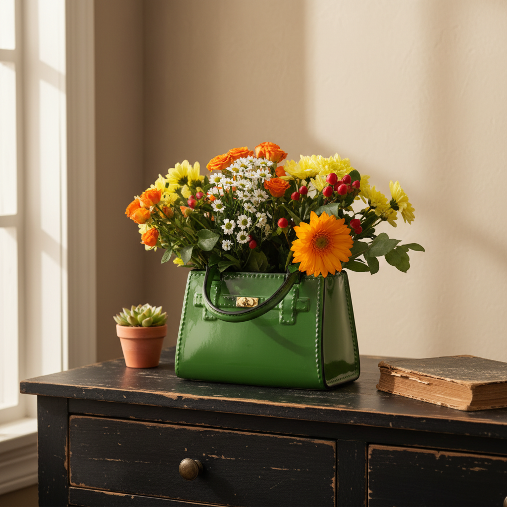 Green handbag filled with flowers on a wooden surface near a window.