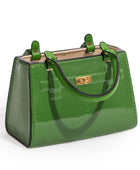 Green handbag with gold clasp on a white background