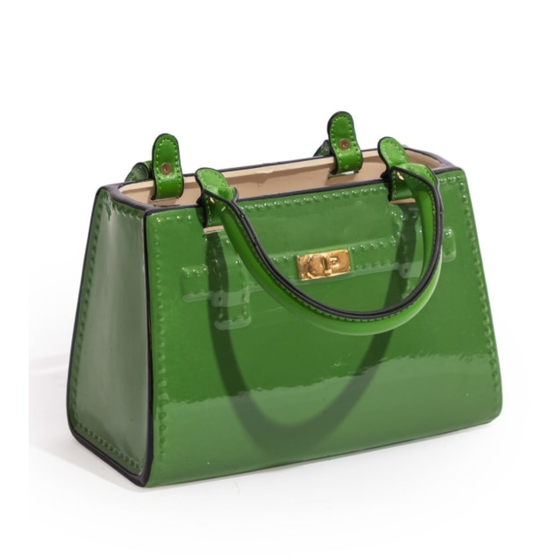 Green handbag with gold clasp on a white background