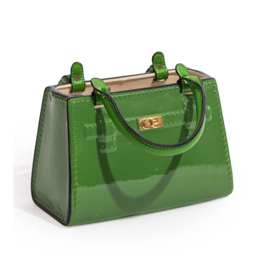 Green handbag with gold clasp on a white background