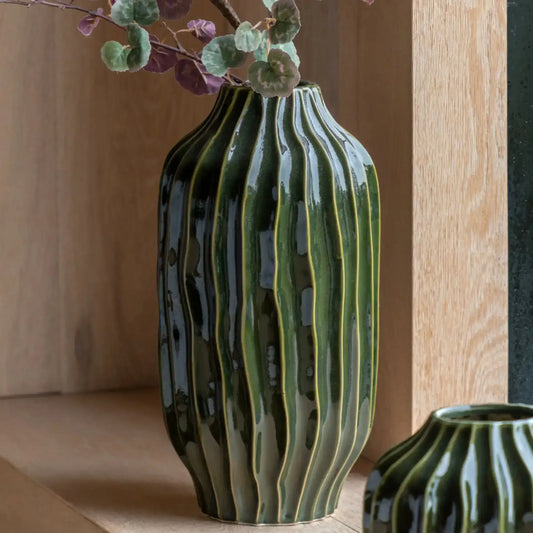 Green Ceramic Ripple Ribbed Vase 