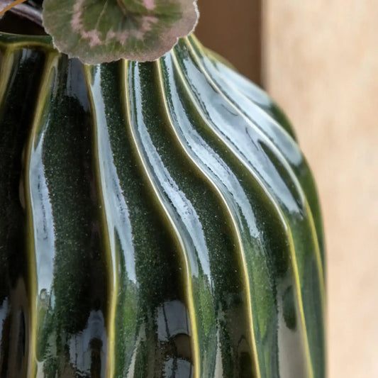 Green Ceramic Ripple Ribbed Vase
