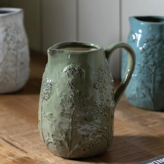 Green Embossed Meadow Ceramic Jug Vase