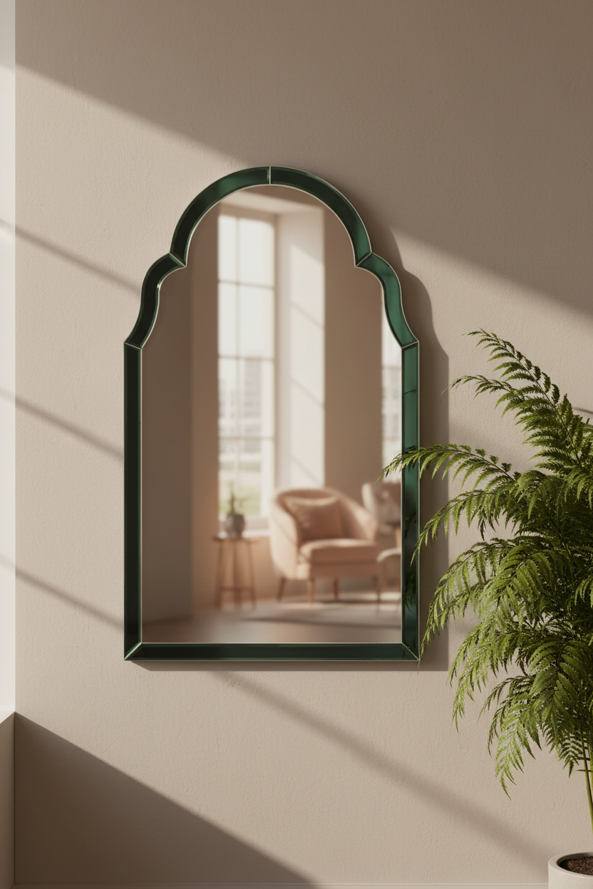 Decorative mirror with a green frame on a beige wall, reflecting a room with furniture and a plant.