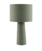 Green textured table lamp with a matching shade on a white background