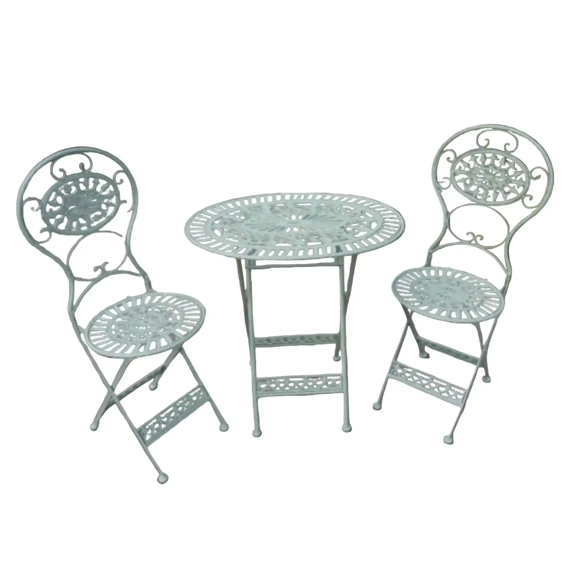 Vintage-style metal table and chairs set on a white background