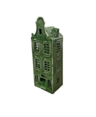Green ceramic model of a two-story building on a white background