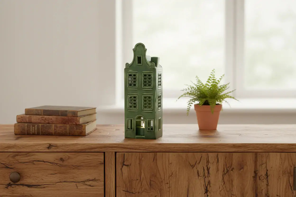 Decorative green building-shaped lantern on a wooden surface with books and a plant.