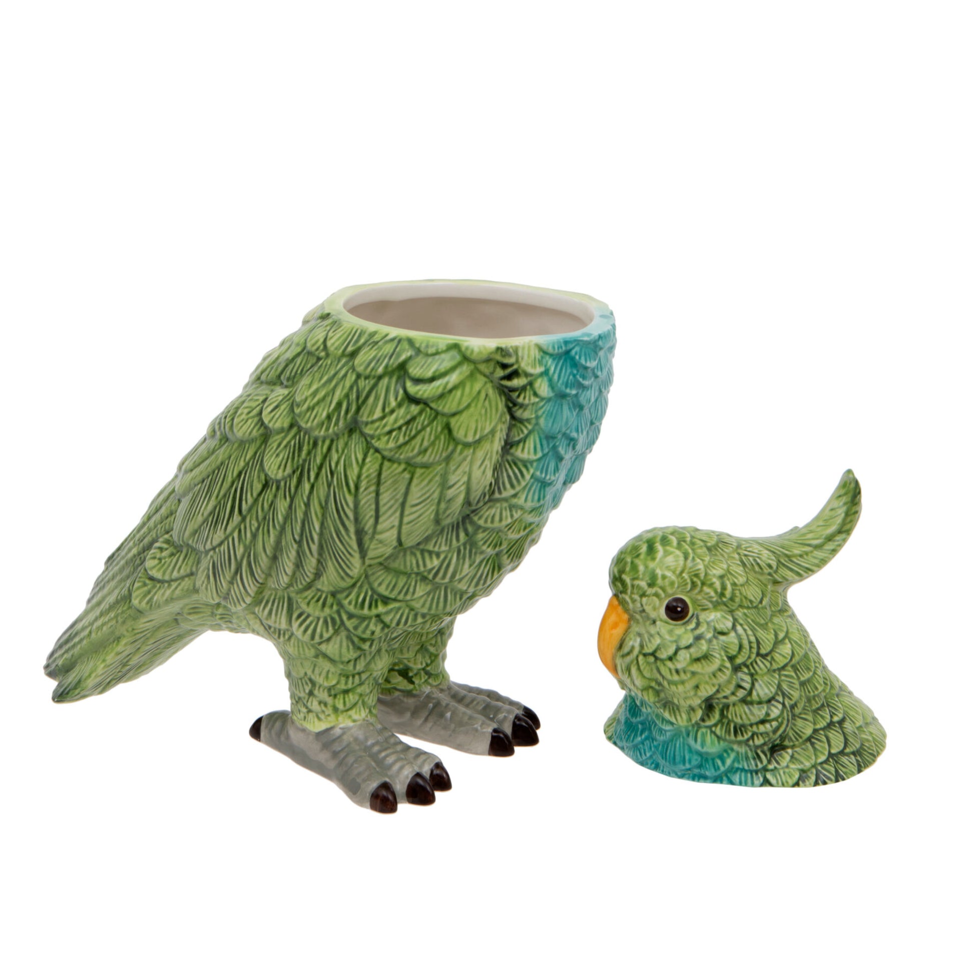 Green parrot-shaped planter with a smaller parrot figure on a white background