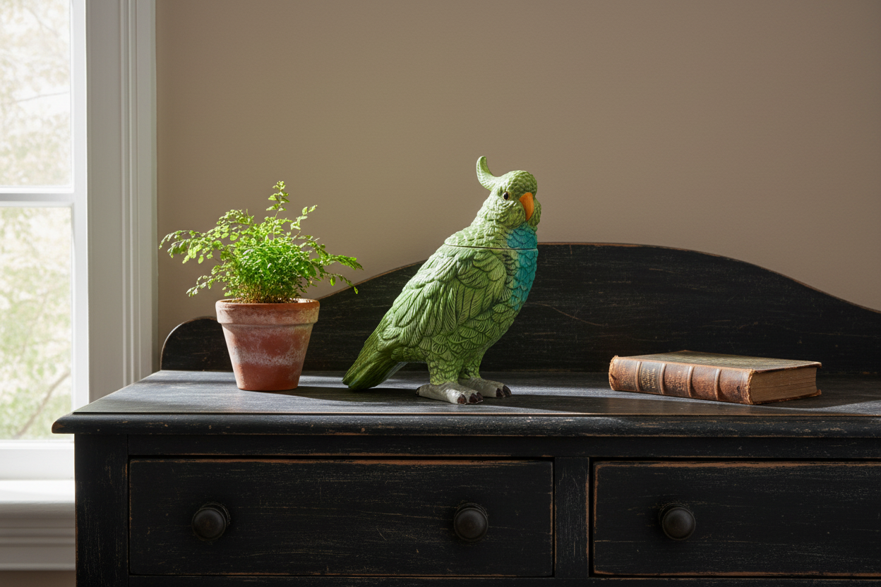Decorative parrot figurine on a wooden surface with a plant and books in the background.