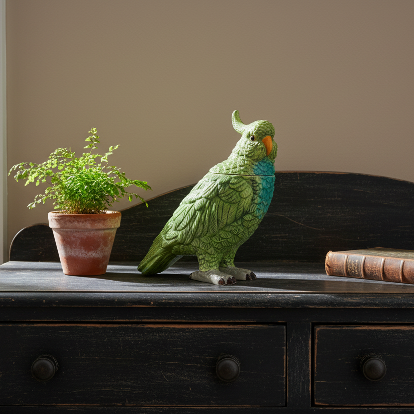Green Parrot Crest Ceramic Jar