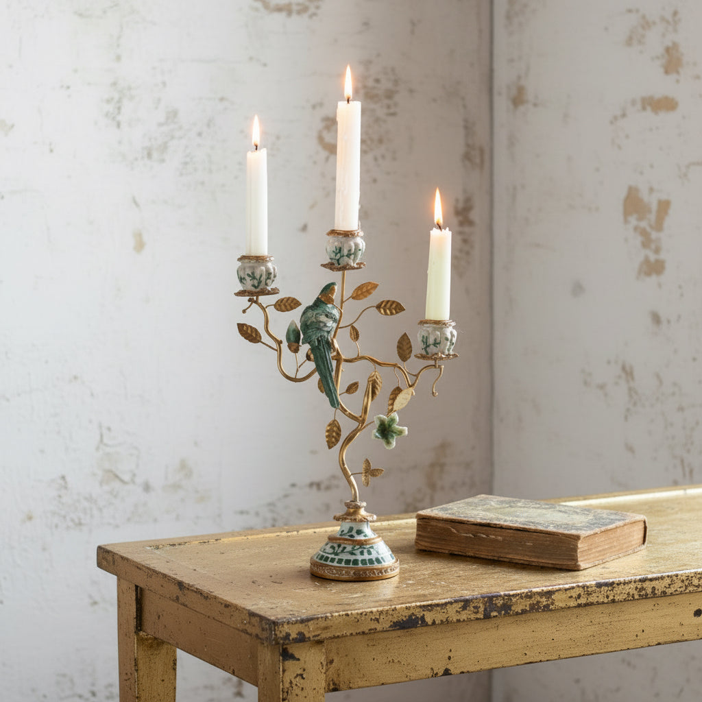 An ornate three-arm candelabra with a gold-toned metal frame, decorative branches, and a green bird figure, shown lit on a distressed wooden table against a textured off-white wall. A vintage book rests beside it.