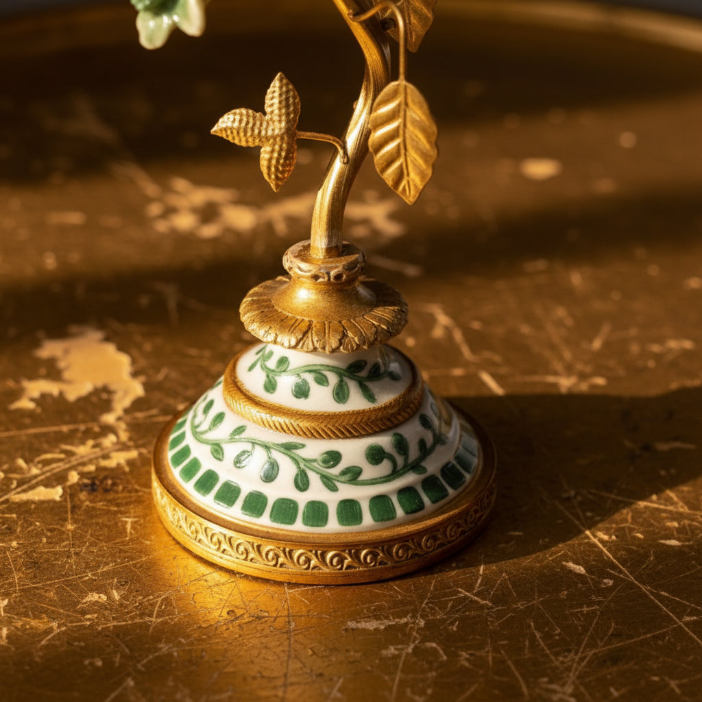 An ornate vintage-style metal and porcelain candlestick holder with a gold-tone branch and leaves, decorated with a white and green porcelain base, set on a rustic wooden surface.