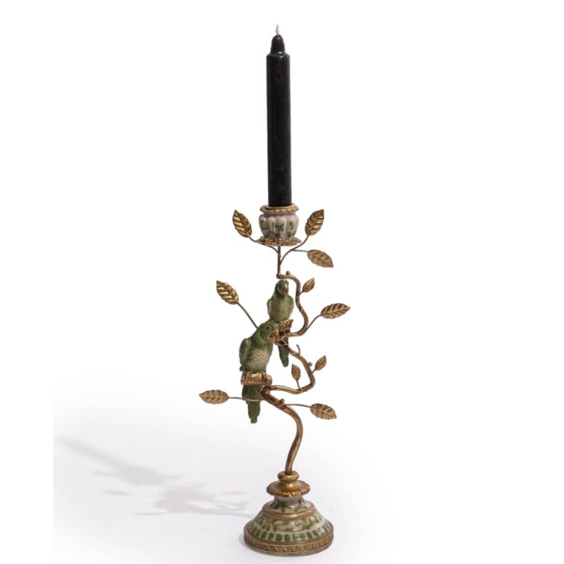 Decorative candle holder with birds and leaves on a white background
