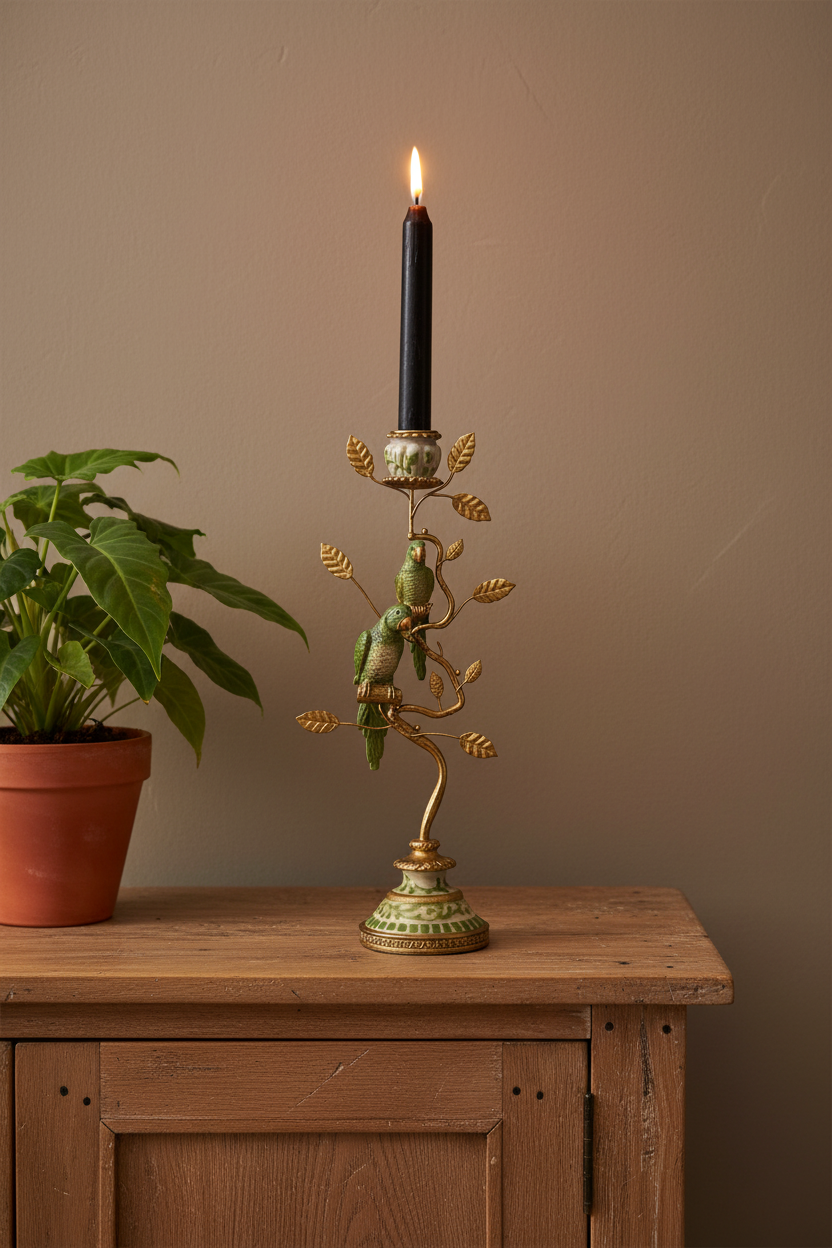 Decorative candle holder with a lit candle on a wooden surface next to a plant.