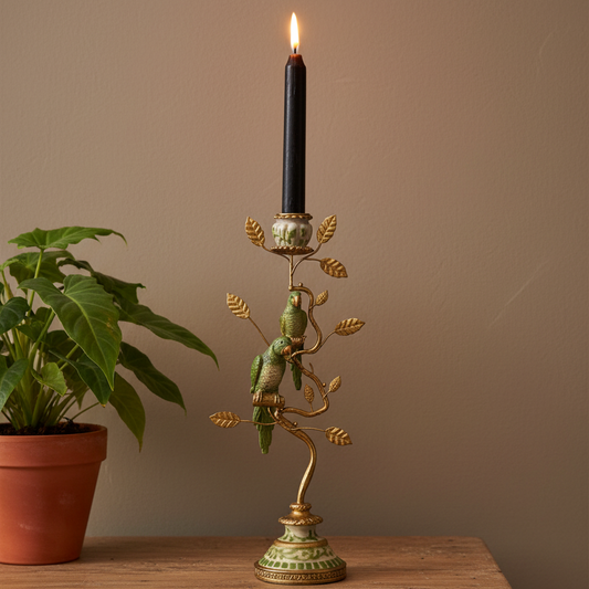 Decorative candle holder with birds holding a candle next to a potted plant on a wooden surface.