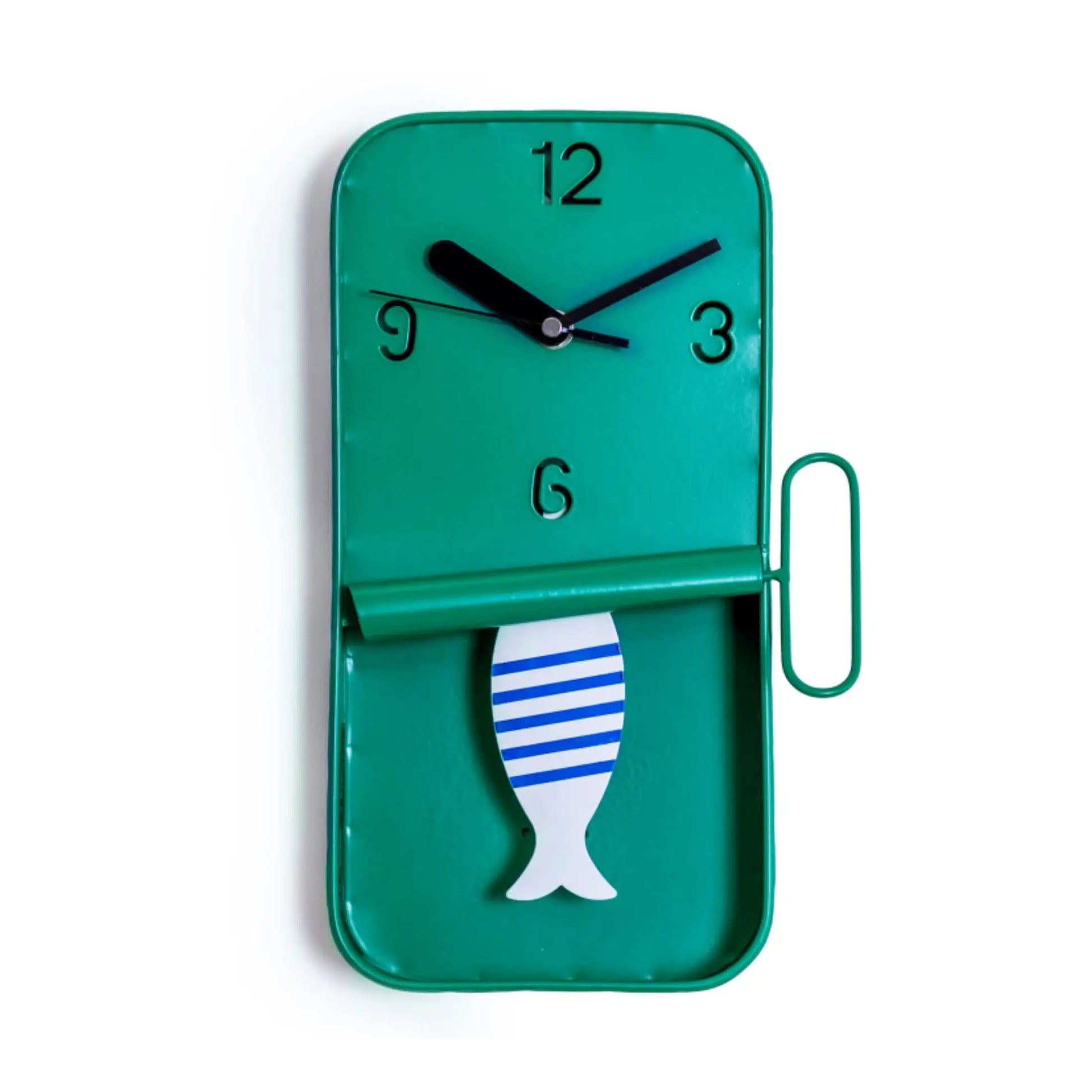 Green wall clock with a fish design on a white background