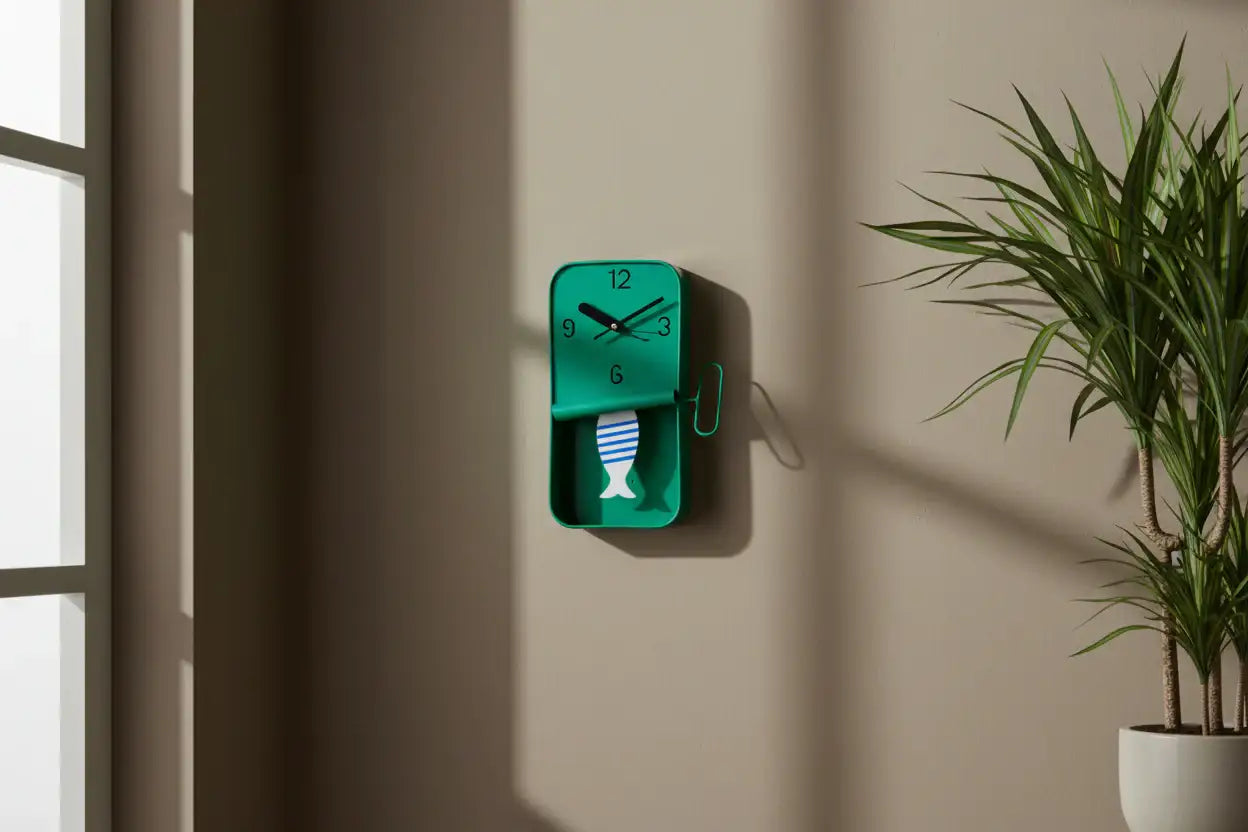 Green wall clock on a beige wall with a plant to the right