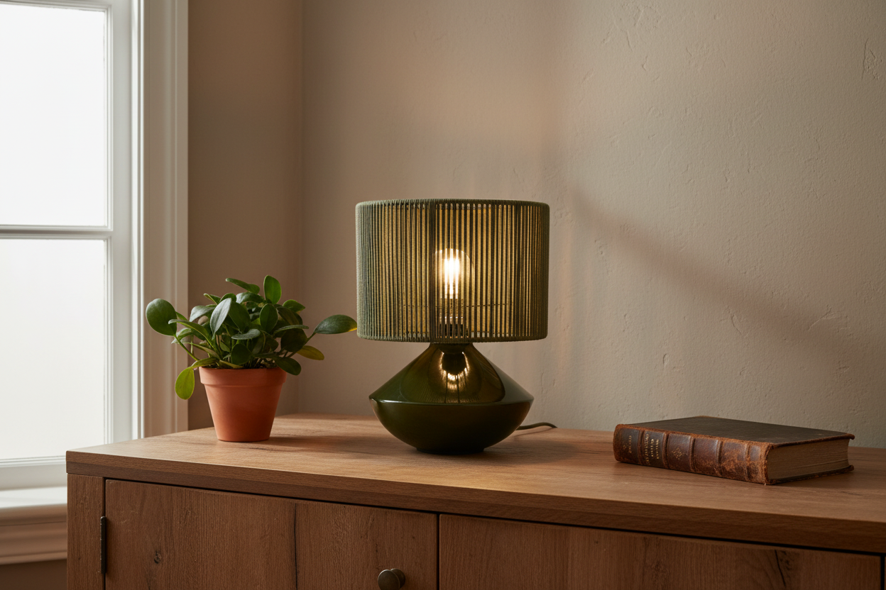Green lamp on a wooden side table with a plant and book in a softly lit room.