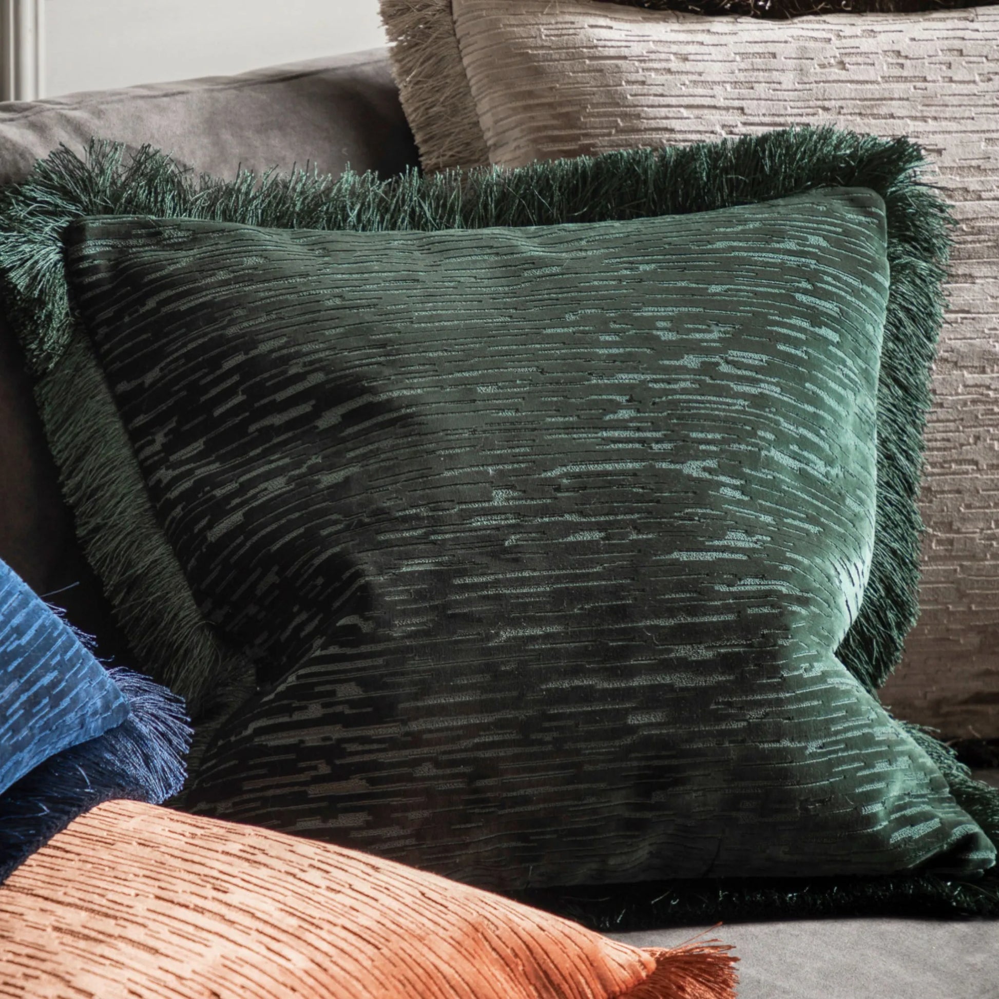 Green Velvet Fringe Cushion 55