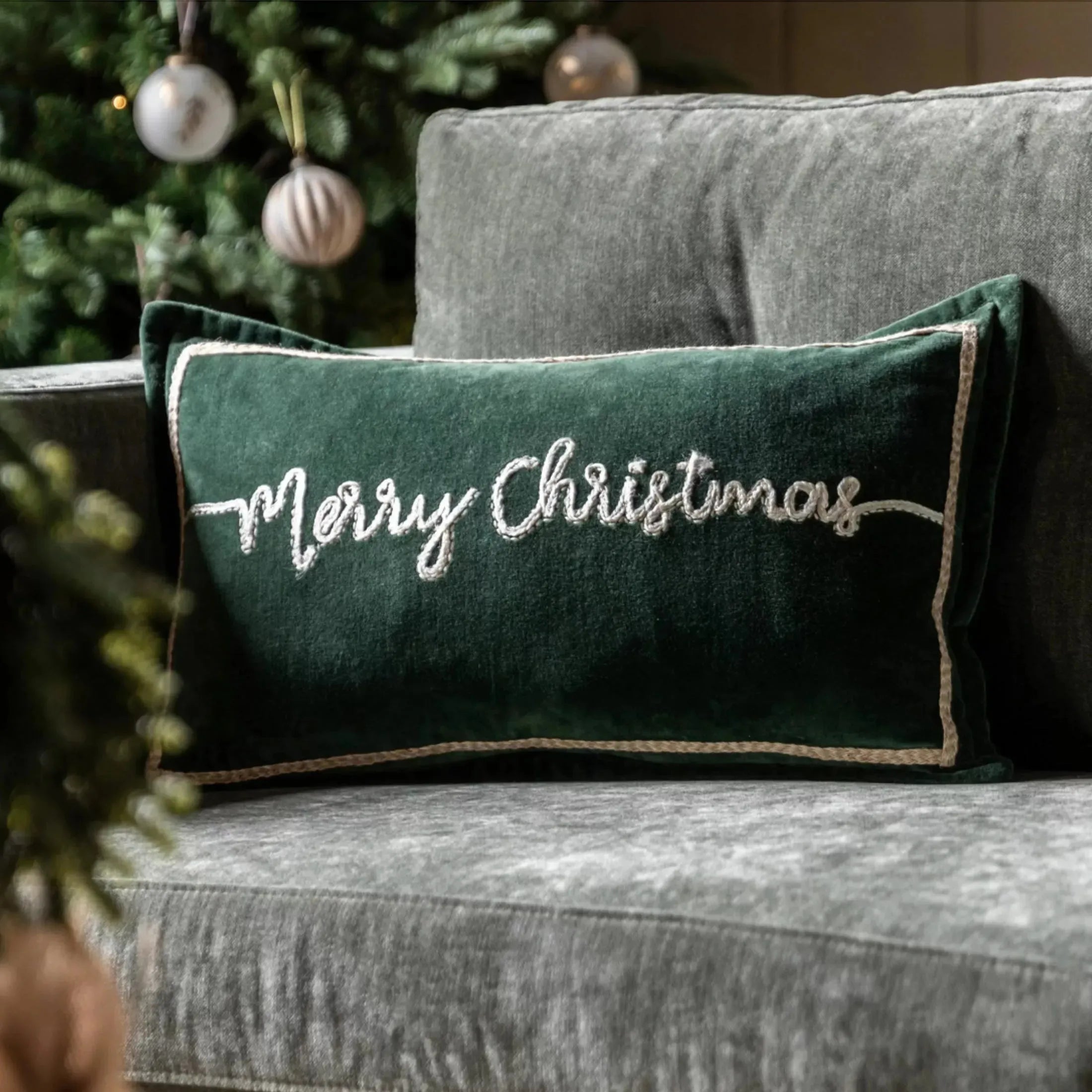 Green Velvet Merry Christmas Cushion