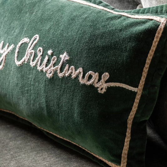 Green Velvet Merry Christmas Cushion