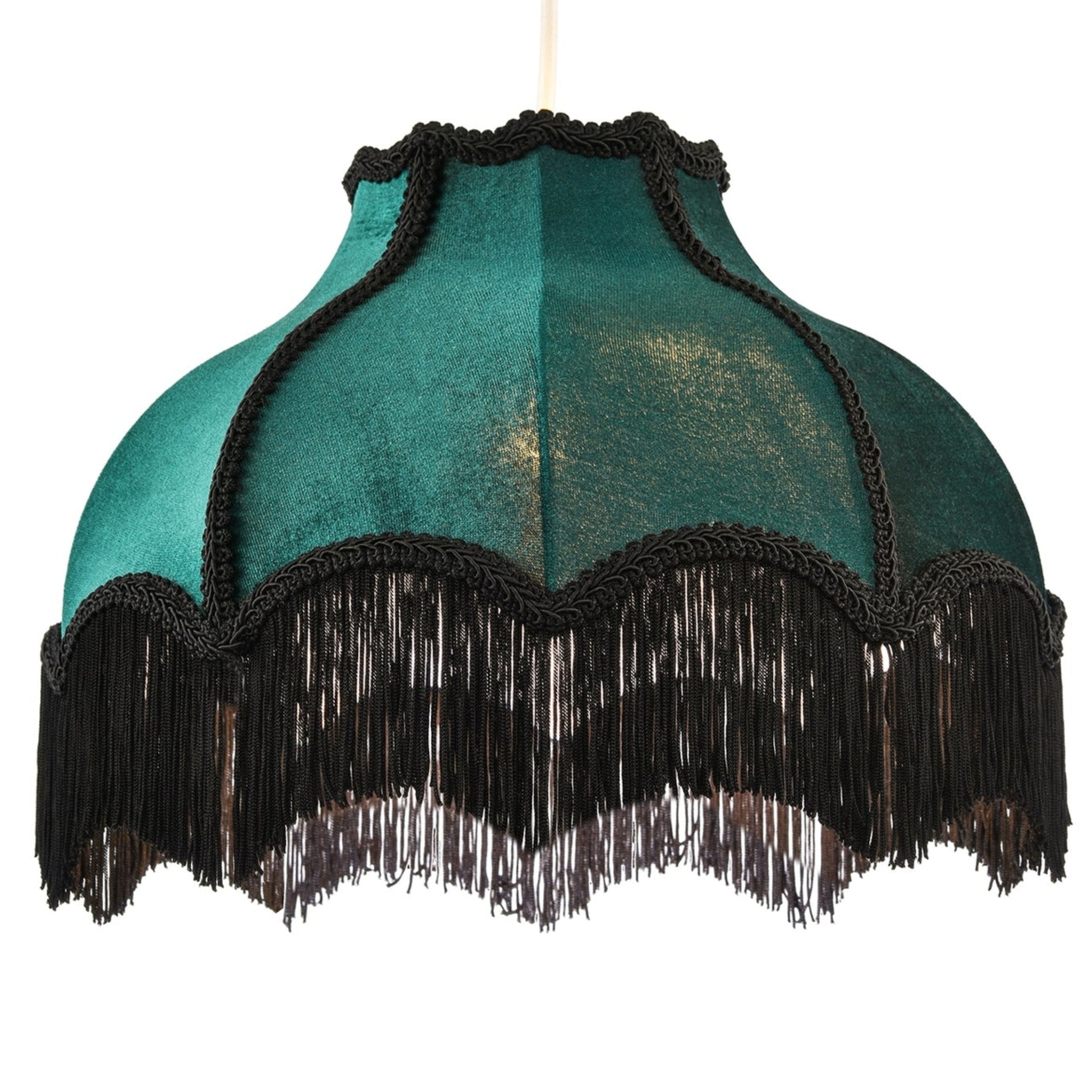 A vintage-style dome-shaped fabric lampshade in teal green with black fringe trim and black braided edging, shown against a plain white background.