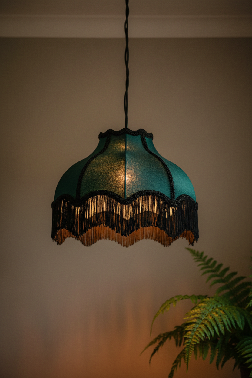 A vintage-style teal glass pendant lamp with black fringe trim, hanging against a warm beige wall with a green fern in the foreground.