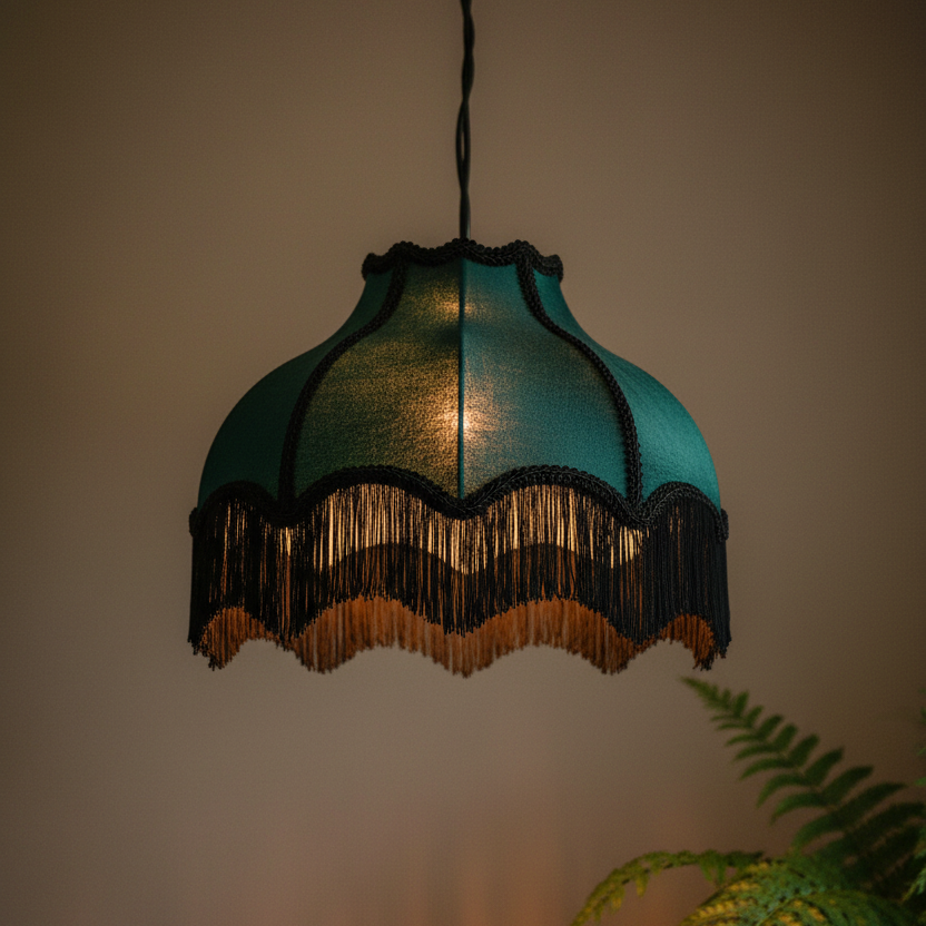 A teal fabric pendant lampshade with black fringe trim and a warm glowing light inside, hanging against a beige wall with a plant leaf visible in the lower right corner.