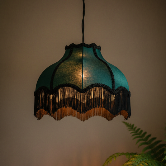 A teal fabric pendant lampshade with black fringe trim and a warm glowing light inside, hanging against a beige wall with a plant leaf visible in the lower right corner.