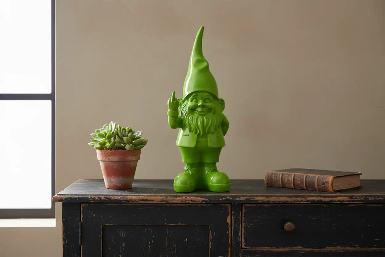 Green gnome figurine on a wooden surface with a potted plant and book in the background.