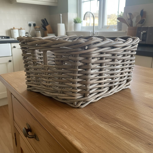 Woven basket on a dark surface with a blurred indoor background