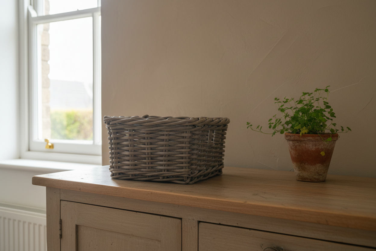 Wicker basket and potted plant on a wooden surface near a window.
