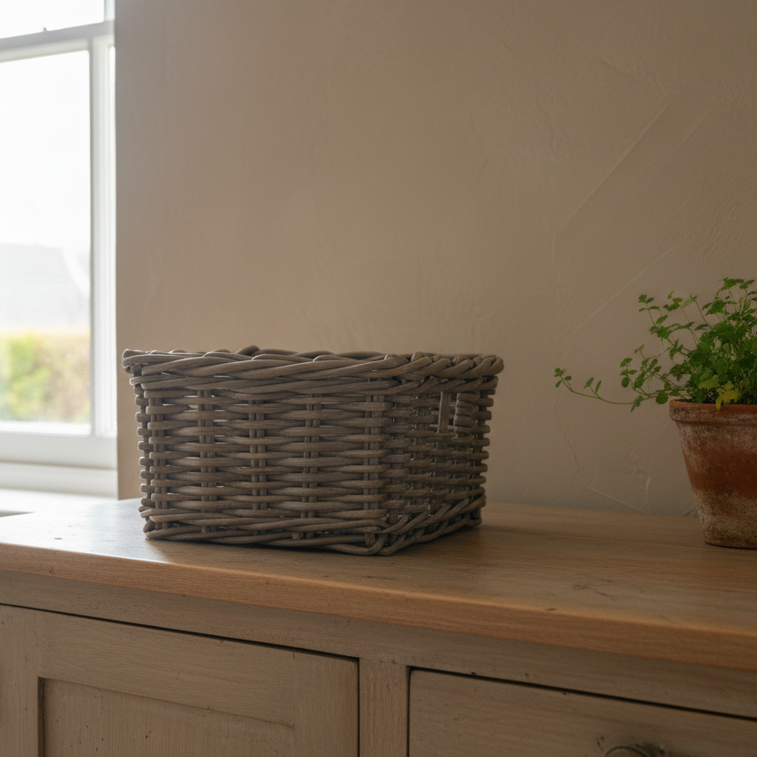Wicker basket on a wooden surface with a plant in the background