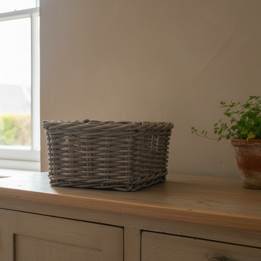 Wicker basket on a wooden surface with a plant in the background