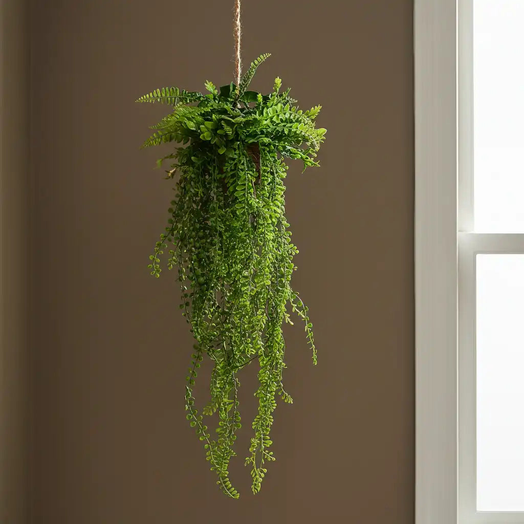 Hanging green fern plant against a brown wall with a window on the right.