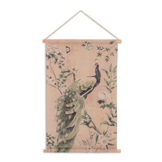 Wall hanging with peacock design on a beige background