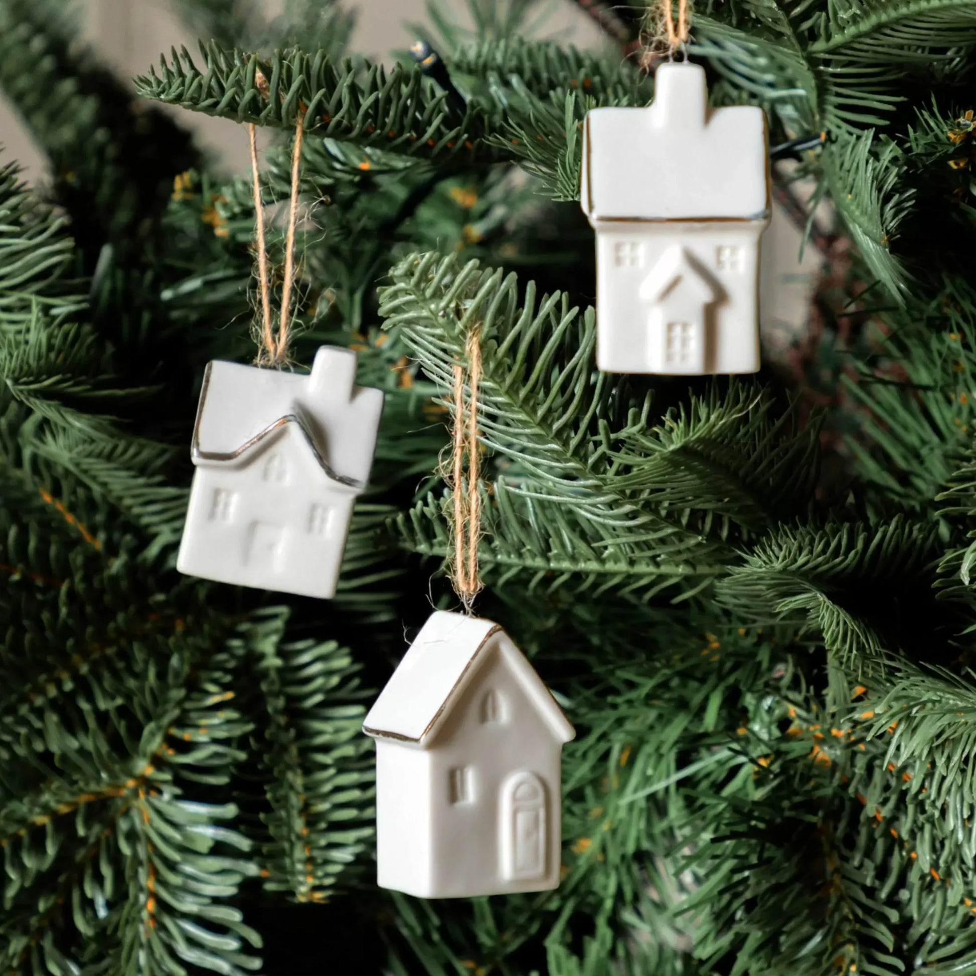 Hanging White Ceramic Festive Houses Set of 3 6