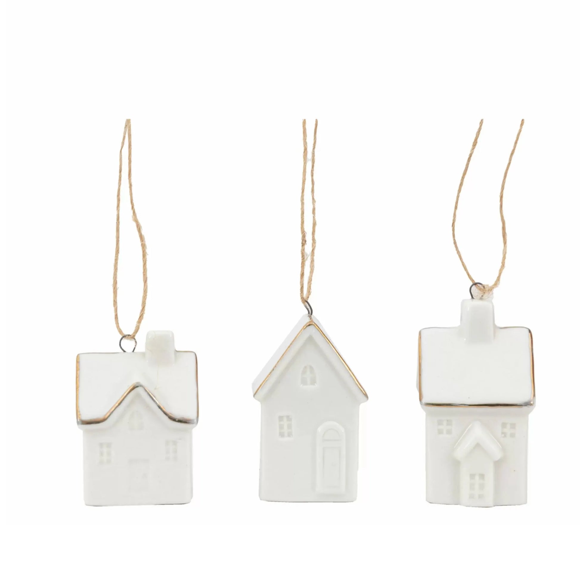 Hanging White Ceramic Festive Houses Set of 3 3