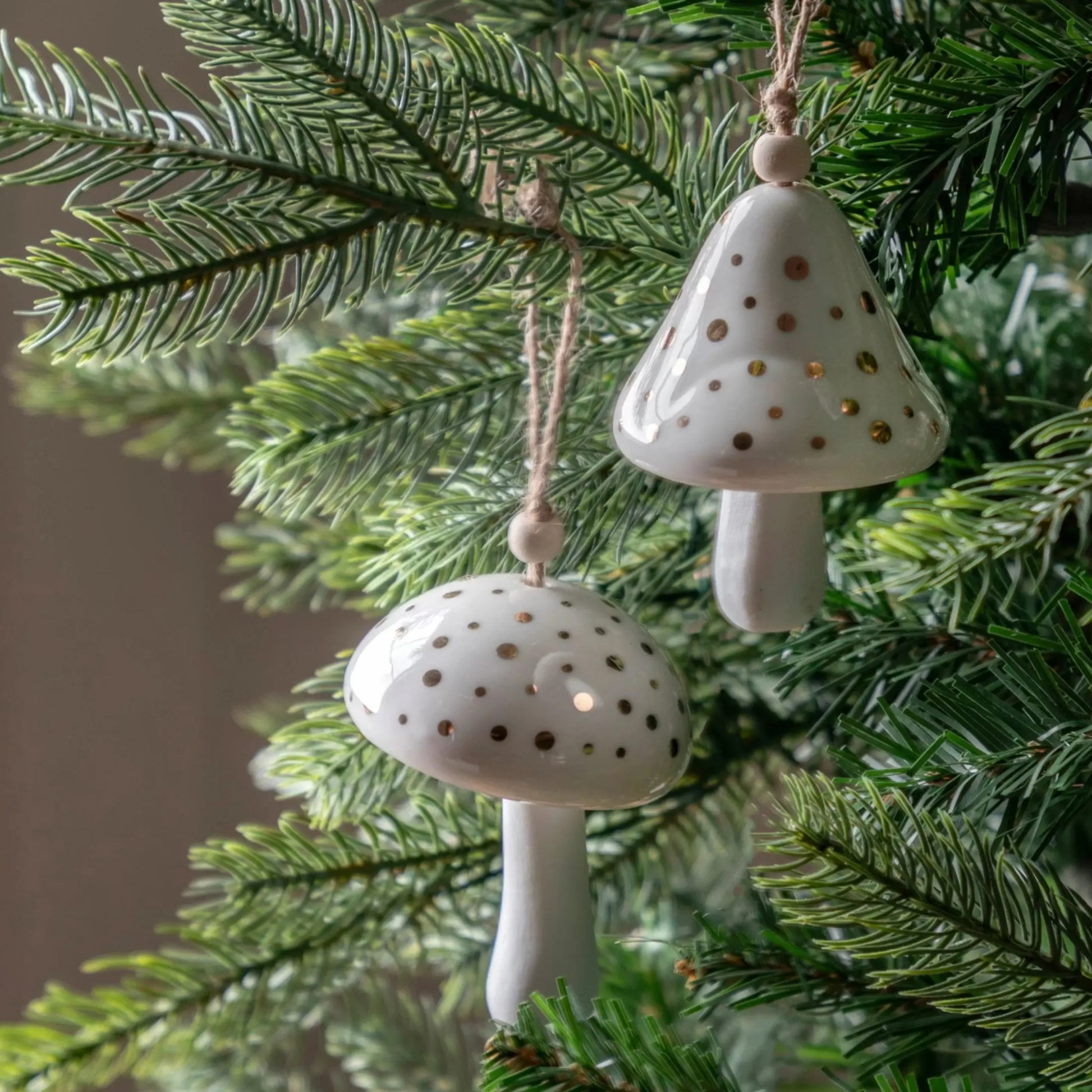 Hanging White Ceramic Festive Mushrooms Set of 2 55