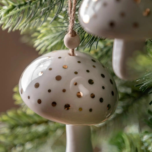 Hanging White Ceramic Festive Mushrooms Set of 2