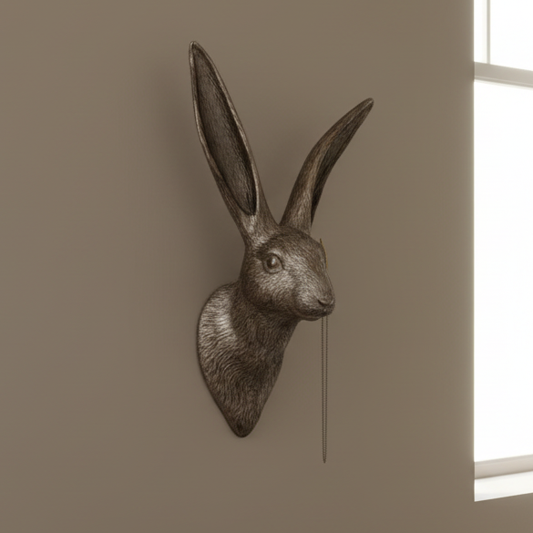Decorative rabbit head mount on a beige wall