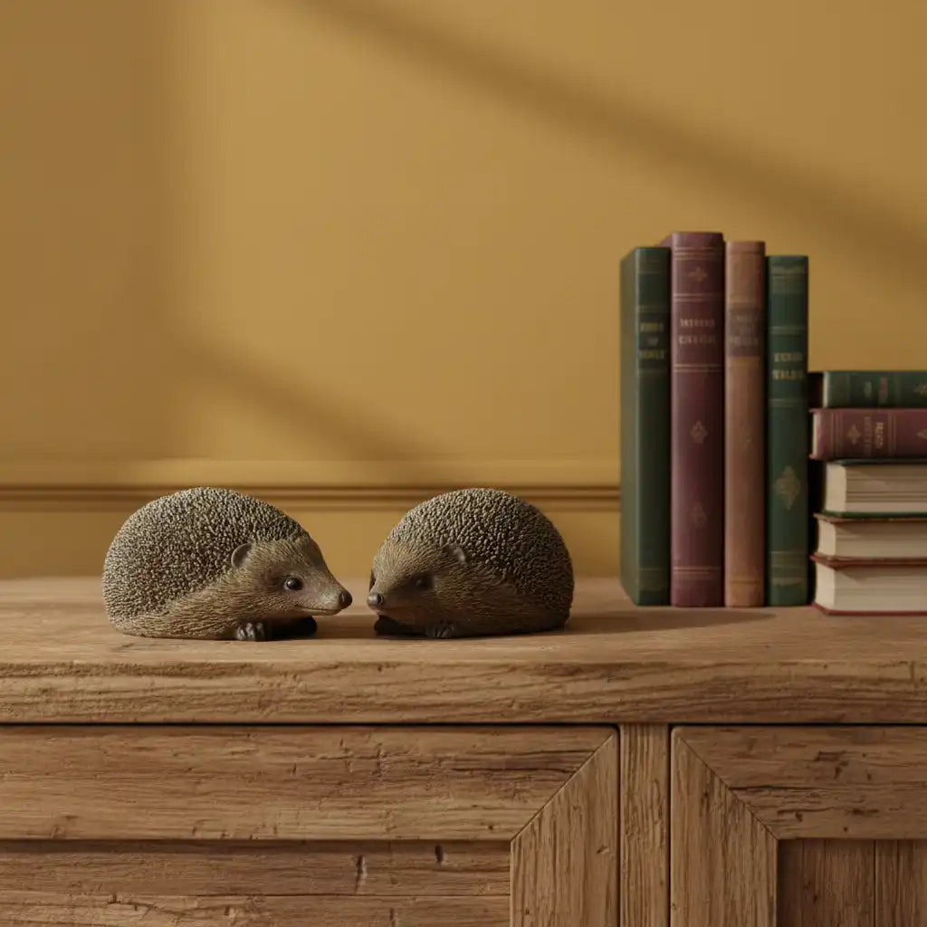 Two small hedgehog figurines on a wooden surface with books in the background.