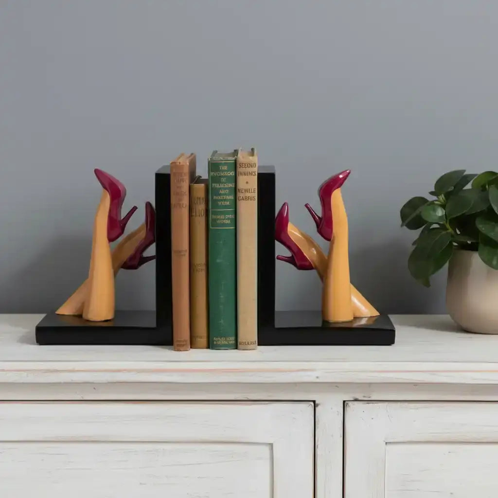 Bookends with high-heeled shoe design holding books on a white background
