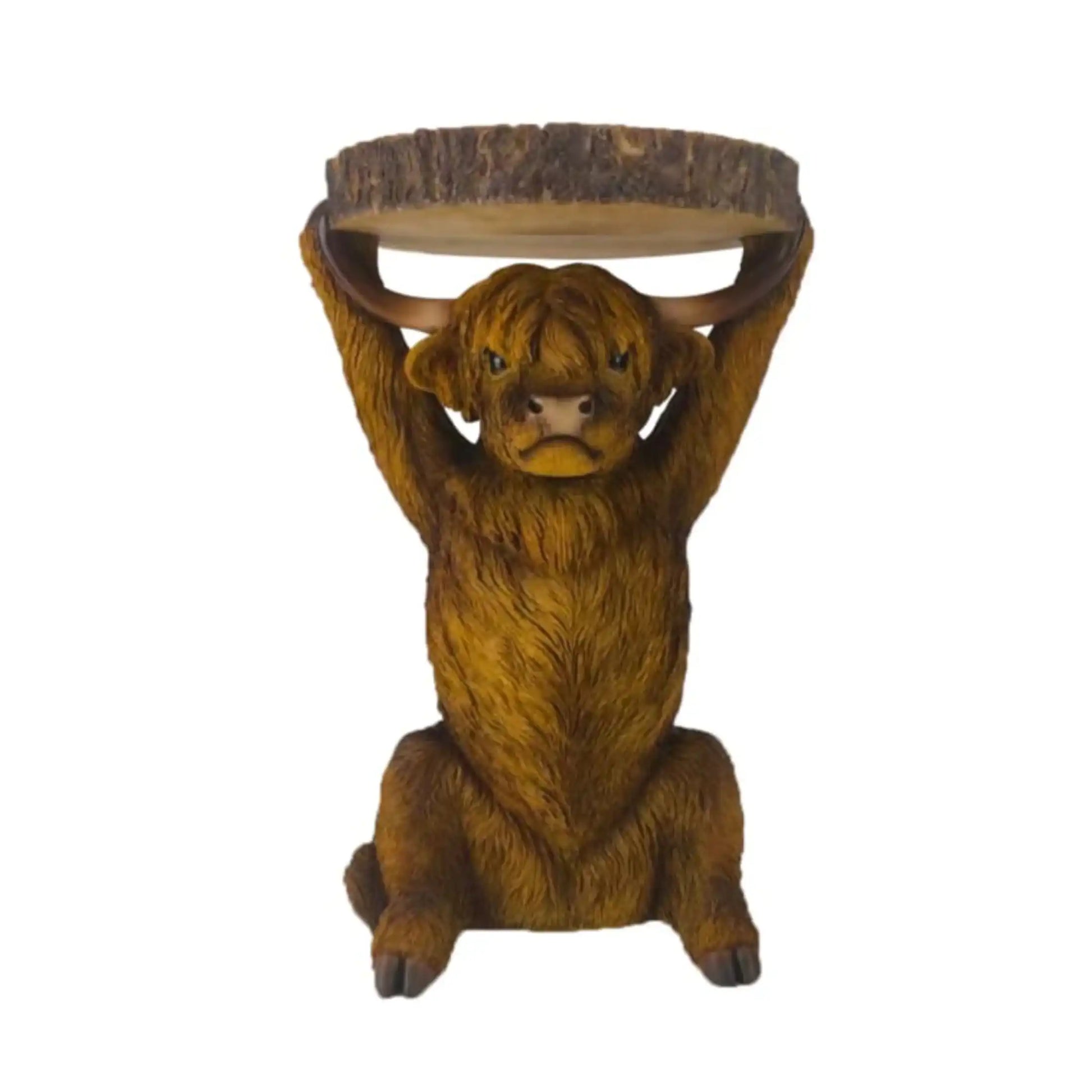 Brown bear figurine lifting a log on a white background