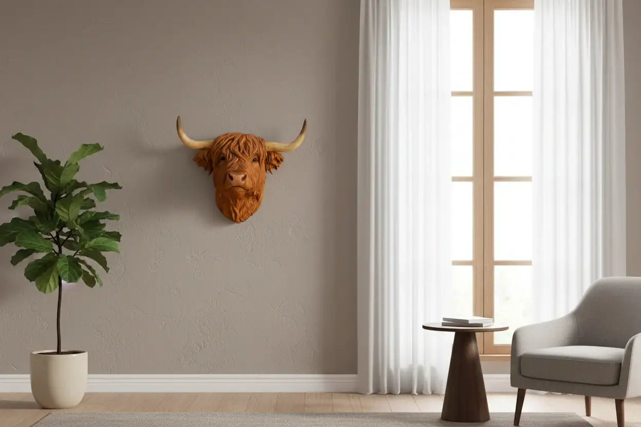 Decorative cow head mounted on a wall with a plant and chair in the foreground