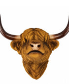 A realistic Highland cow or shaggy bull head wall mount with long curved dark brown horns and golden-brown fur, shown against a plain white background.