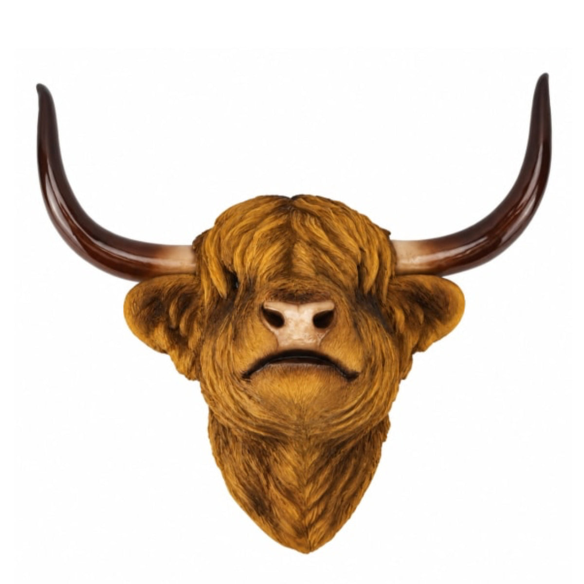 A realistic Highland cow or shaggy bull head wall mount with long curved dark brown horns and golden-brown fur, shown against a plain white background.