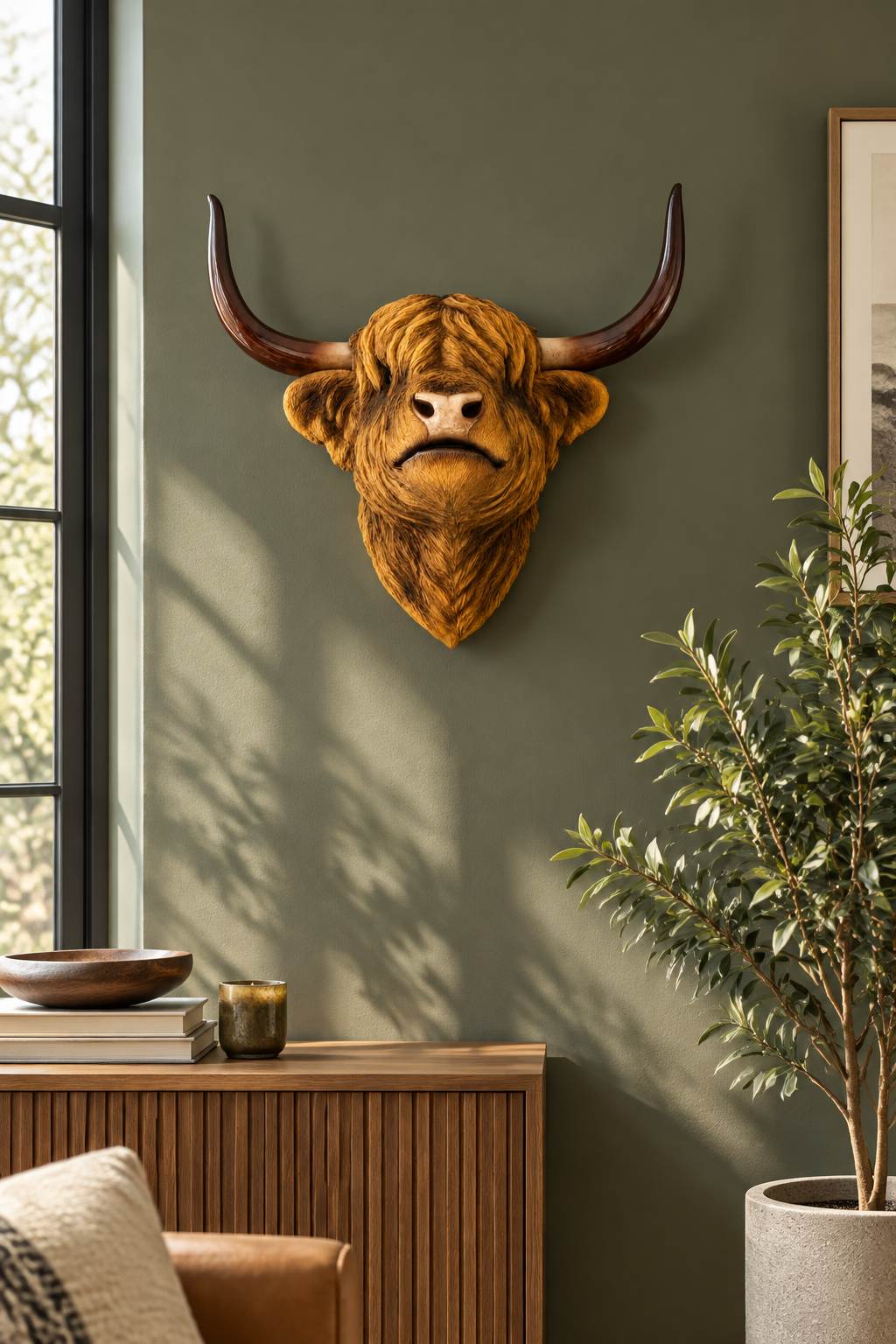 A realistic Highland cow skull wall mount with long curved horns, displayed on a dark olive green wall in a styled room setting with a wooden console table, potted plant, and window.